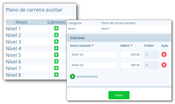 Formulário de cadastros dos níveis e subníveis dos servidores, com campos "Nome Subnível", "Salário" e "Ordem", com opção para remoção do subnível e adição de novo subnível, com botão "Salvar"